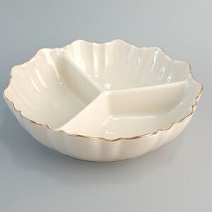 Lenox Ivory Symphony Three Divided Candy Nut Round Dish 3 Section 24K Gold Trim